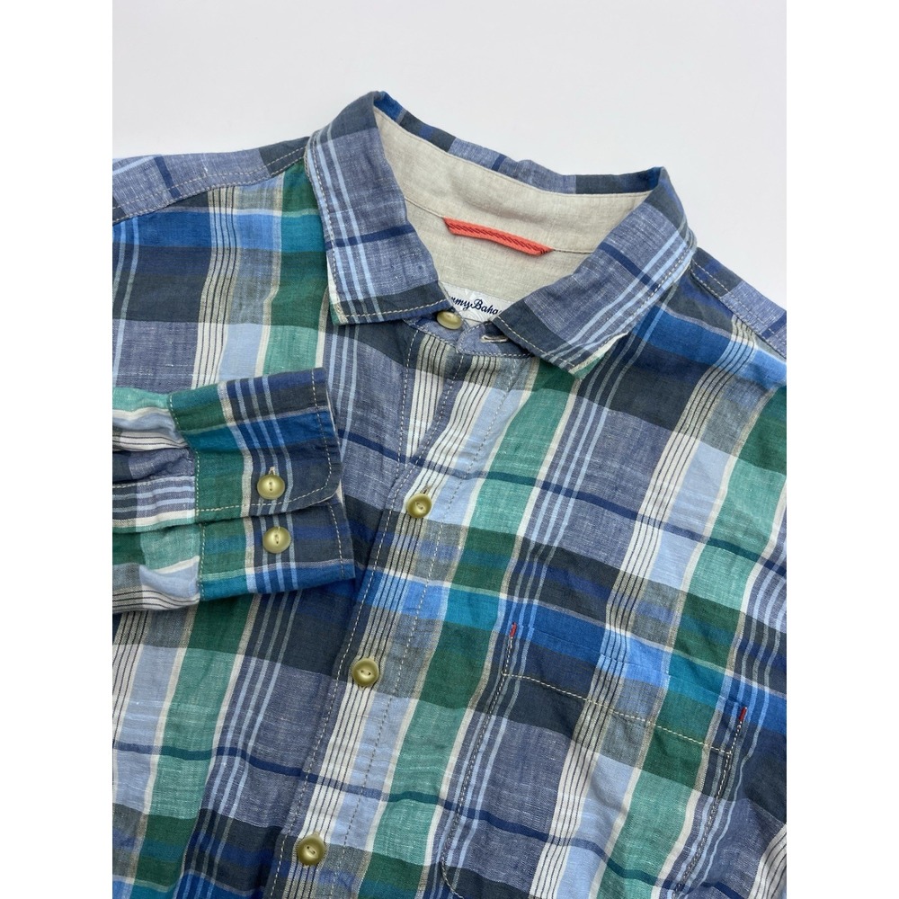 Tommy‎ Bahama Men's L 100% Linen Blue Green Plaid Button Up LS Shirt Beach